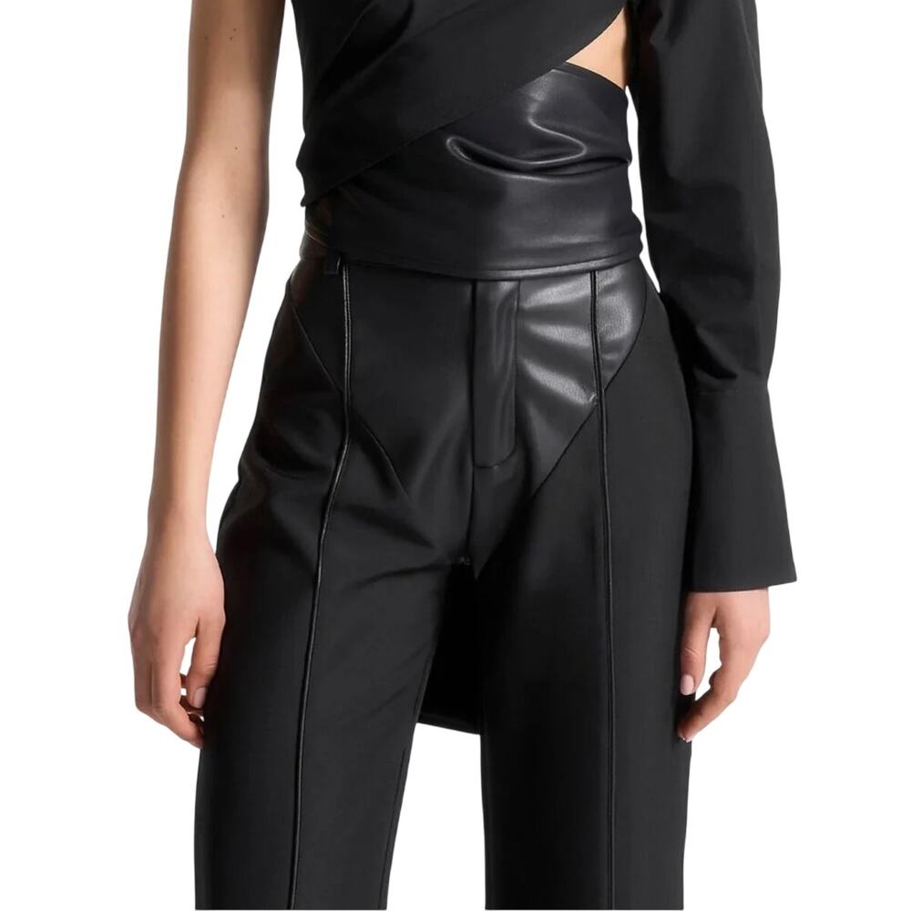 Maniere de Voir Faux Black Leather High Waisted Seam Front Wide Leg Trouser